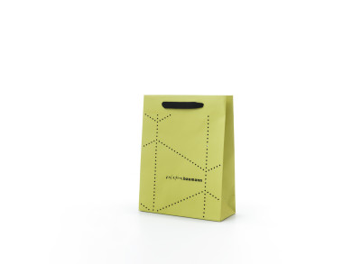 Shopper 26x11x34 H - Carta patinata 165 gr. - plastifica opaca - Stampa 1 colore fondo pieno + 1 colore interno - fustellatura fori circolari - maniglia fettuccia cotone cm 80