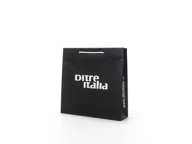 Shopping bag personalizzata 36x10x36 H - Carta patinata 165 gr. - plastifica opaca - Stampa 1 colore fondo pieno + vernice UV - maniglia corda cotone cm 50
