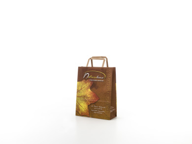 Shopping bag 23x10x32 H - Carta riciclata avana 120 gr. - Stampa quadricromia - maniglia piatta in carta