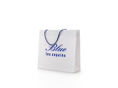 Shopper 42x15x40 H - Carta patinata 210 gr. - plastifica opaca - Stampa a caldo blu - maniglia stringa cotone blu inserita nel risvolto cm 50